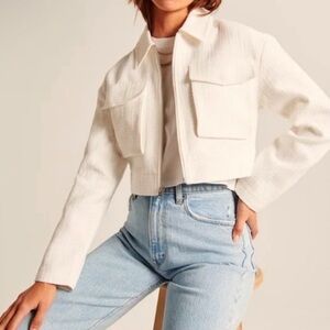 Abercrombie & Fitch Jacket Women's Medium White Tweed Cropped Blazer Pockets Zip